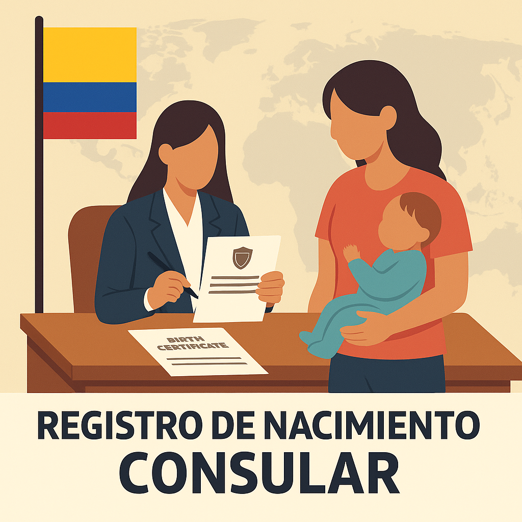 Padre o madre realizando un trámite consular en una oficina para registrar el nacimiento de un hijo nacido en el exterior.