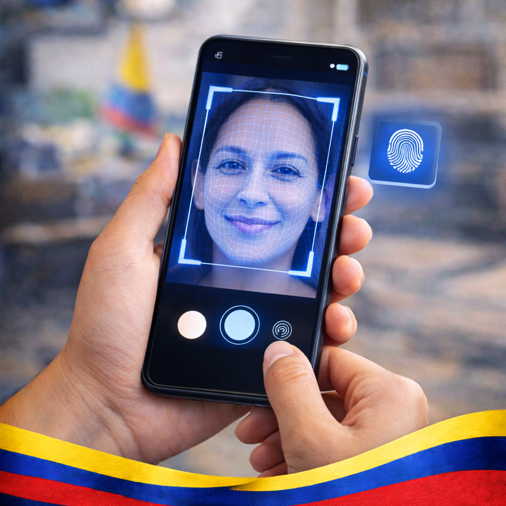 Validación biométrica facial durante la inscripción virtual de cédula para colombianos en el exterior.